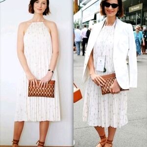 Ralph Lauren Cream Halter Pleated Midi Dress with Subtle Floral Print